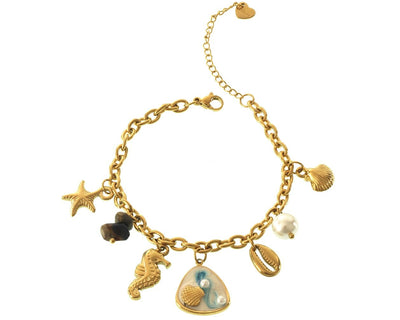 Goldenes Charm-Armband mit Seepferdchen und Muscheln, Modell Atlantis