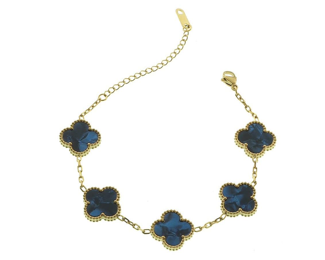 Goldenes Armband mit 5 blauen Kleeblättern, Modell Royal