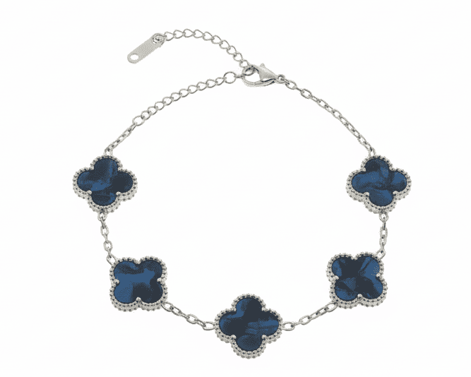 Silbernes Armband mit 5 blauen Kleeblättern, Modell Midnight