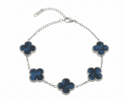 Silbernes Armband mit 5 blauen Kleeblättern, Modell Midnight