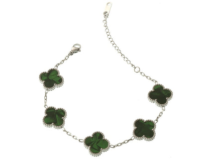Silbernes Armband mit 5 grünen Kleeblättern, Modell Emerald