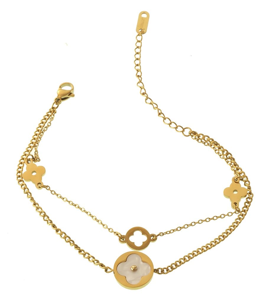 Goldenes Armschmuck mit Kleeblatt-Design und Perlmutt