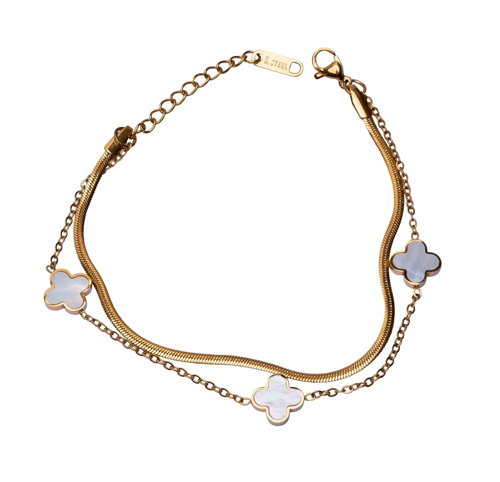 Goldenes Armschmuck mit Kleeblatt und Perlmutt