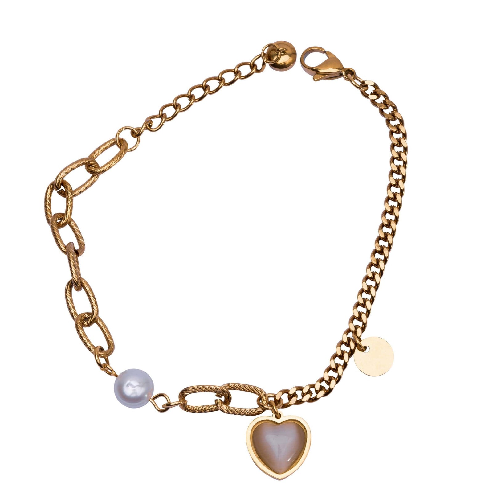 Goldenes Armschmuck mit Herz-Anhänger und Perlen