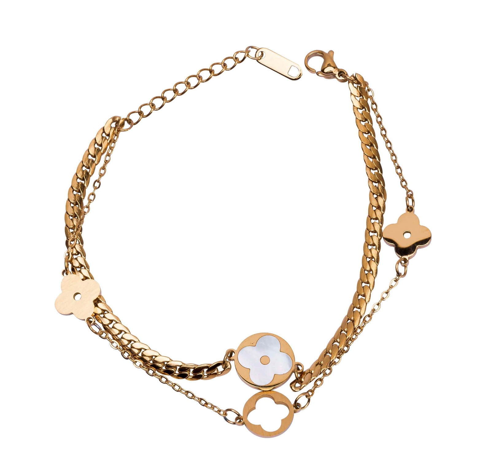 Goldenes Armschmuck mit Kleeblatt-Design und Perlmutt