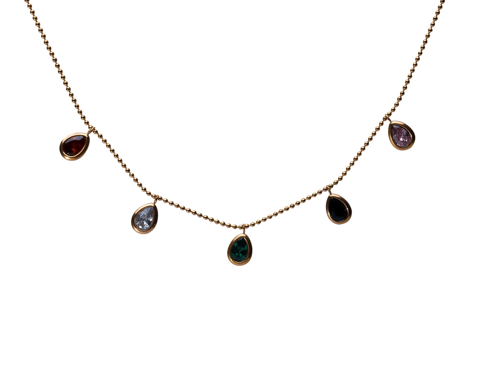Goldene Halskette mit bunten Tropfen-Anhängern