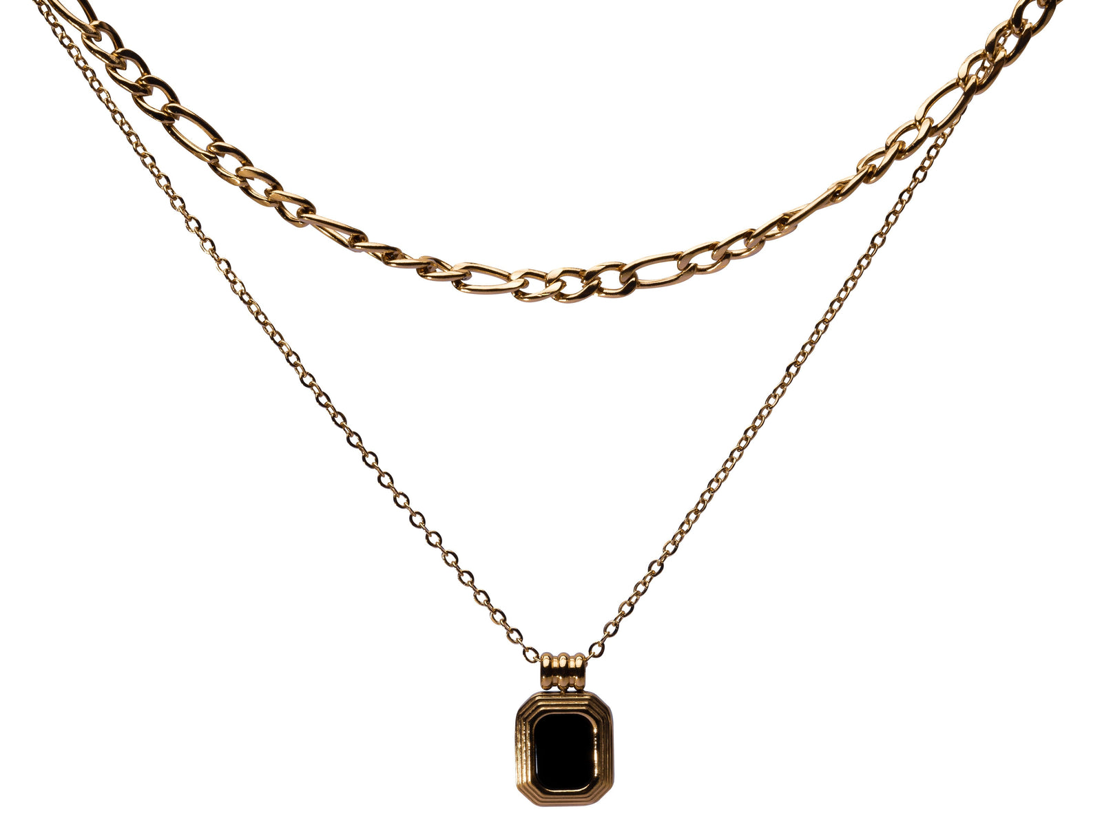 Layered Halskette mit schwarzem Anhänger – Goldener Stil