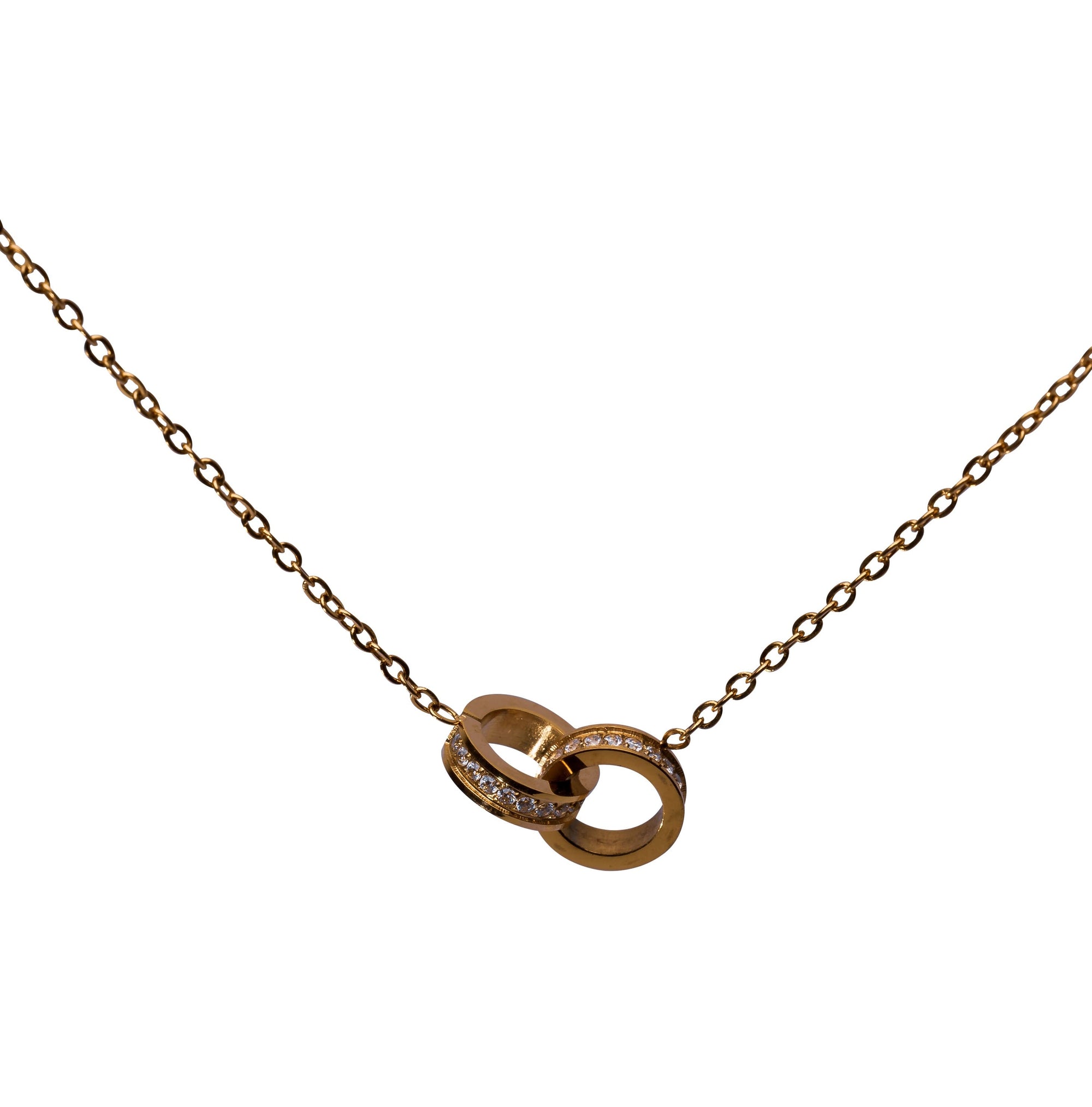 Goldene Halskette mit Ringen und funkelnden Zirkonia
