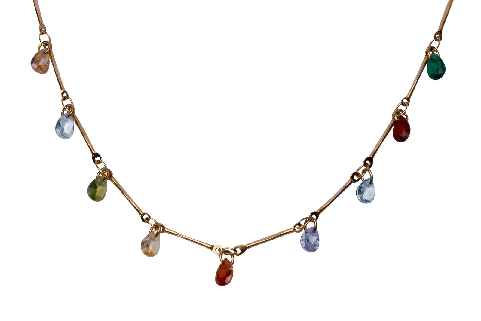 Goldene Halskette mit bunten Tropfenanhängern