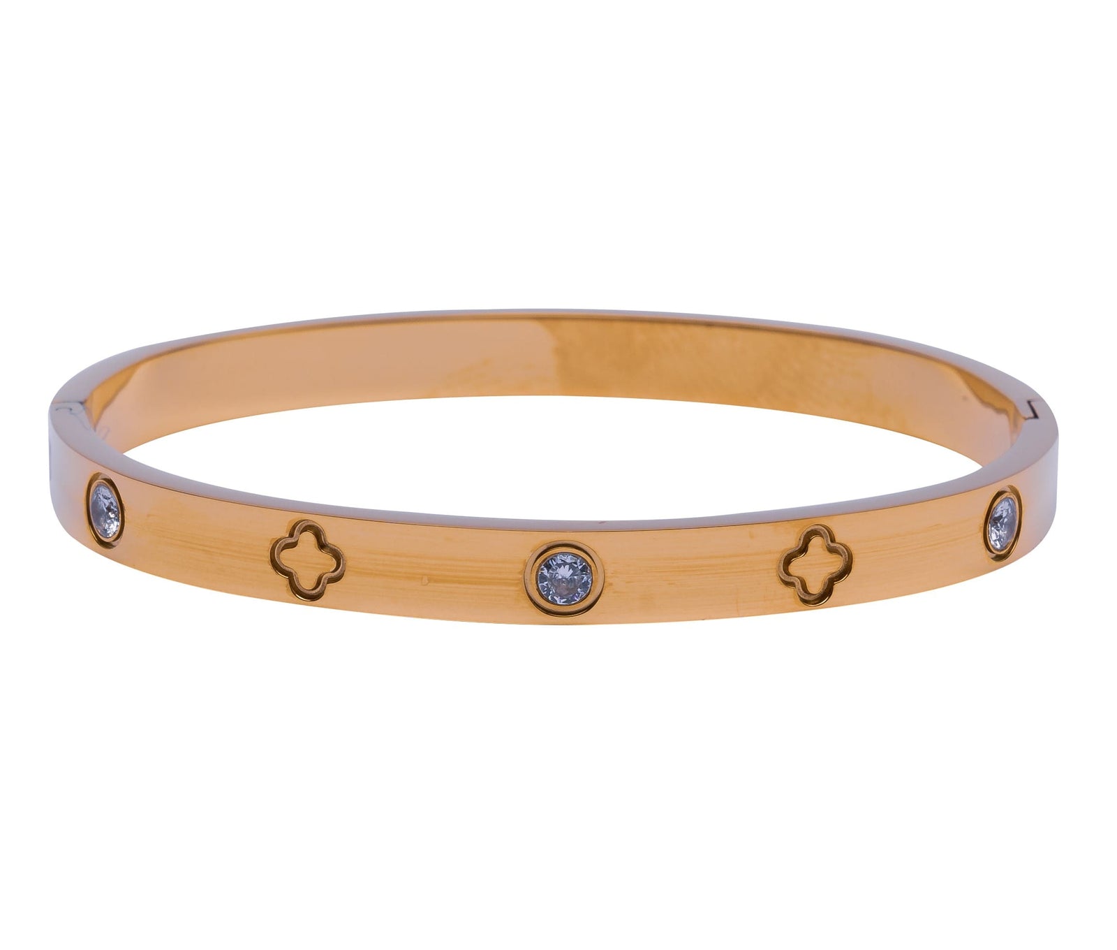 Goldener Armreifen mit Zirkonia und Kleeblatt-Motiv
