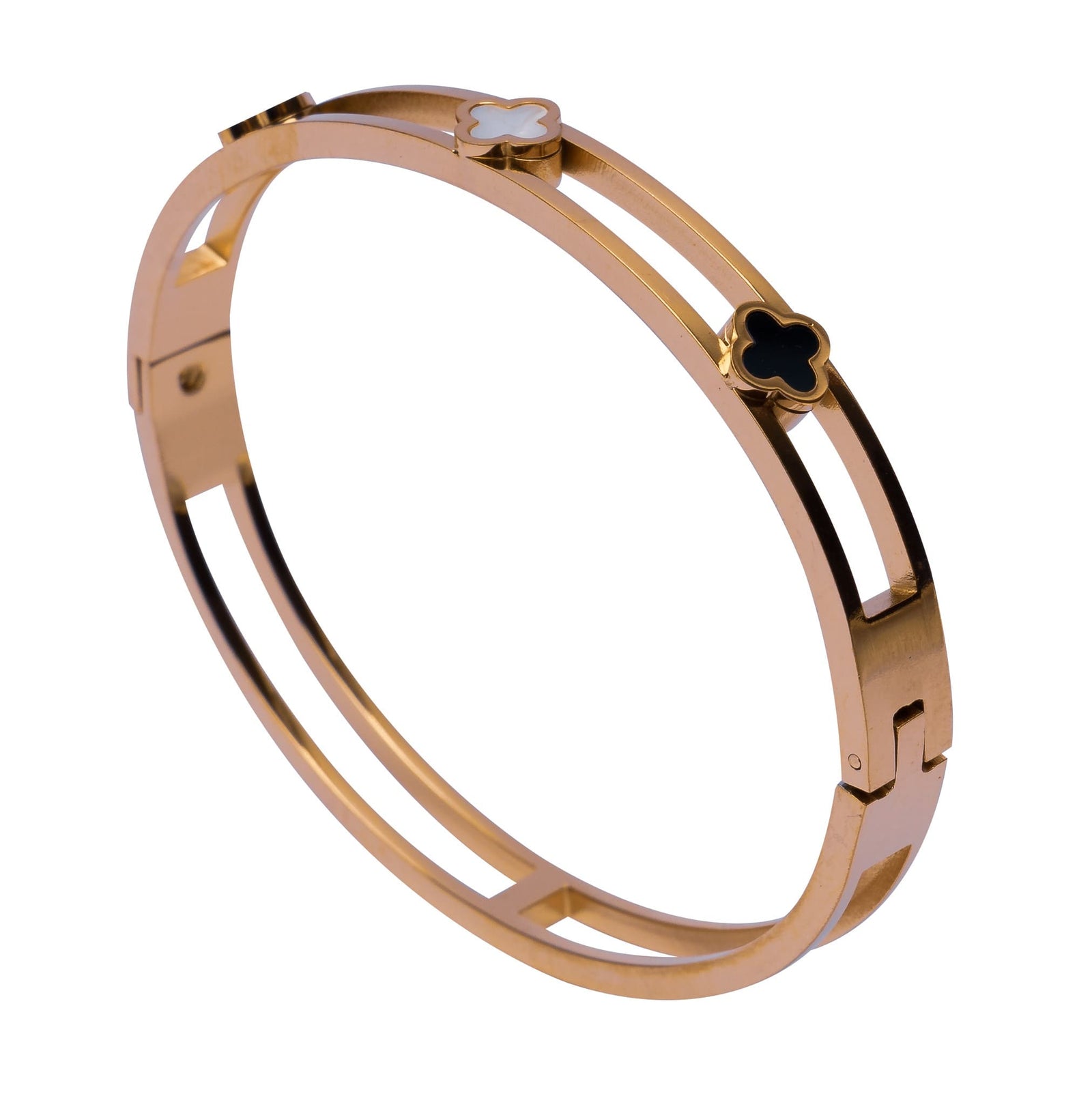 Goldener Armreifen mit schwarzen und weissen Kleeblättern