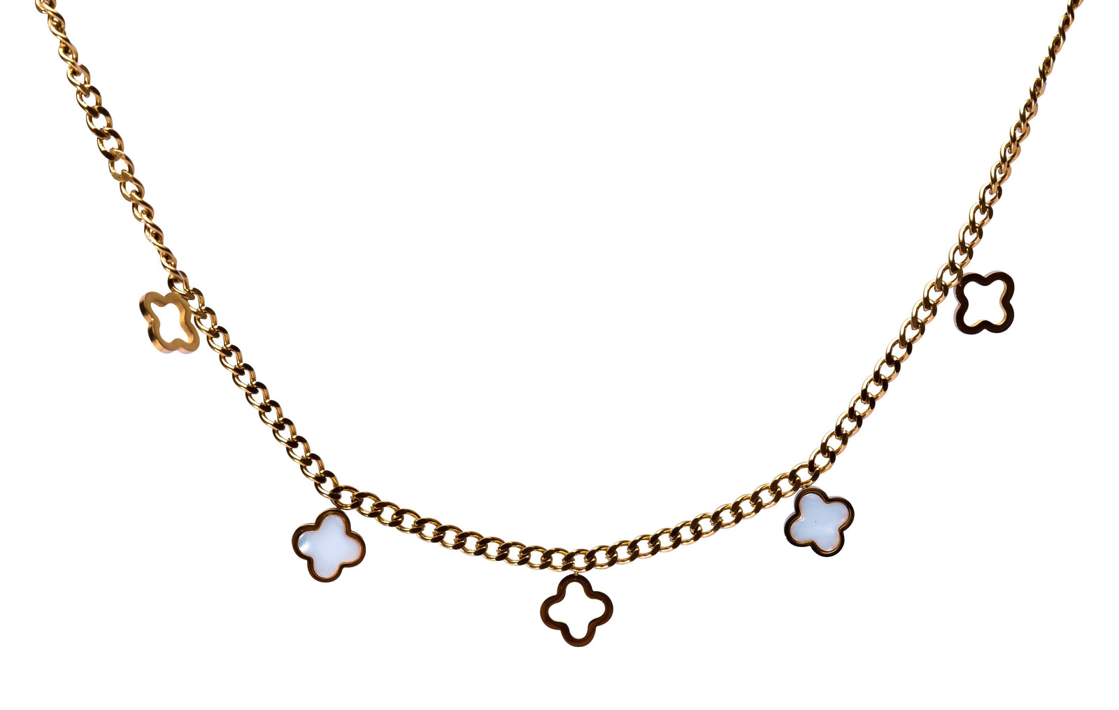 Goldene Halskette mit weissen Kleeblättern und Charms