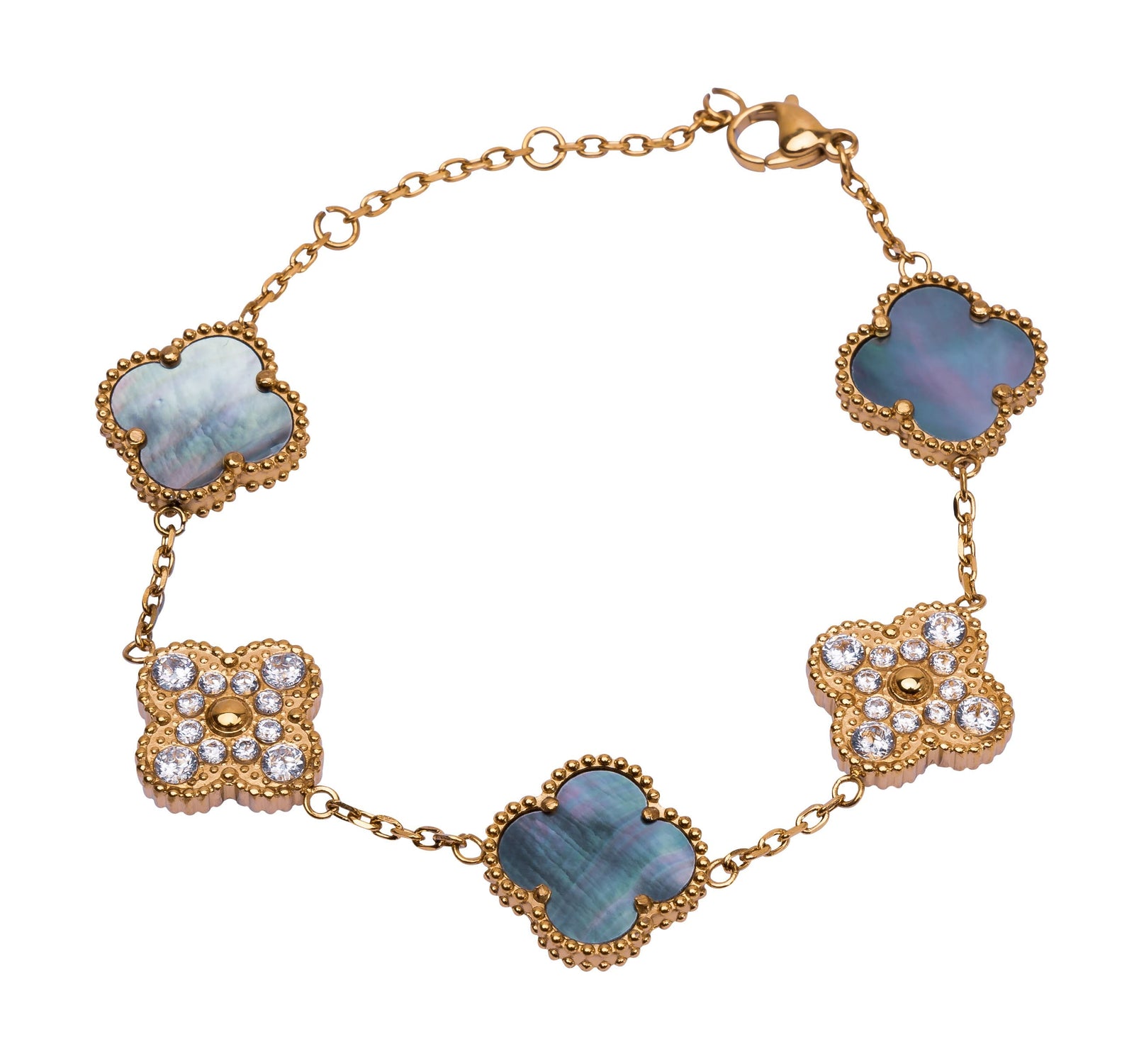 Goldenes Armschmuck mit Perlmutt und Zirkonia-Kleeblättern