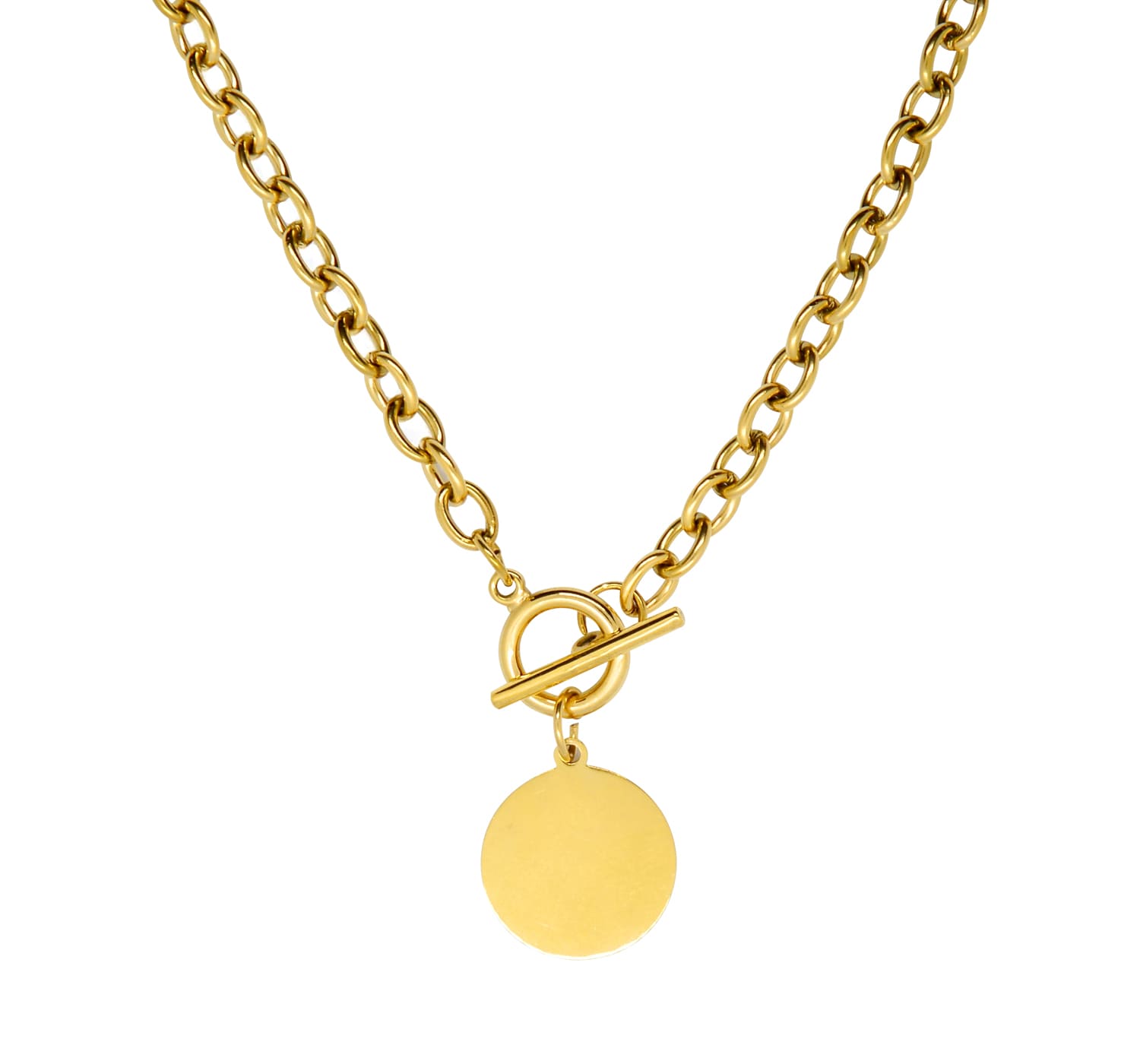 goldene Damen Halskette mit grosser Paillette und Knebelverschluss-auf dem Bild ist der Anhänger sehr gut sichtbar