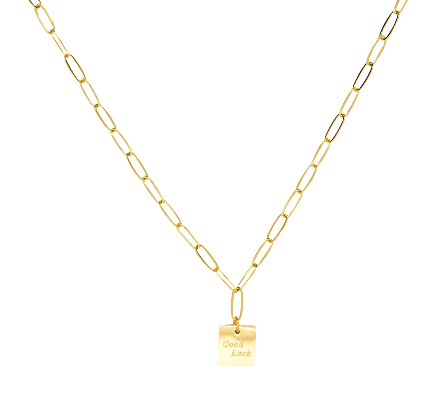 Elegante, goldene Glieder Halskette mit graviertem "Good Luck"-Anhänger- auf dem Bild ist die Halskette hängend zu sehen