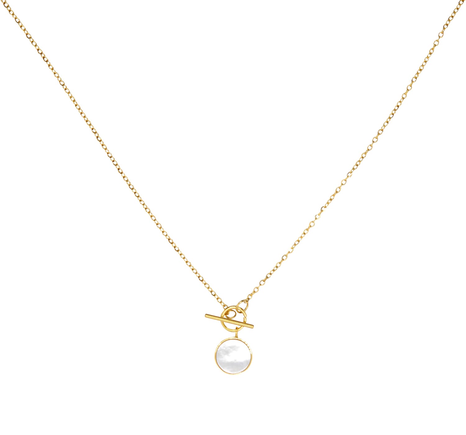Elegante, goldene Halskette mit rundem Perlmutt-Anhänger und T-Verschluss-Bild mit hängende Halskette