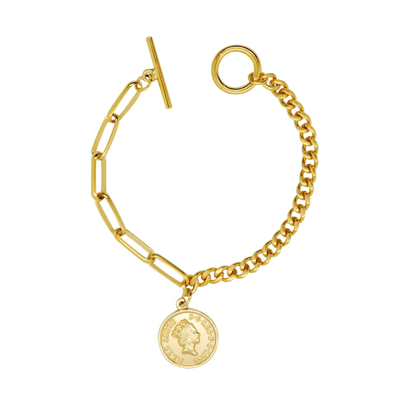 Elegante, goldene Armschmuck mit Münzanhänger und Gliederkette