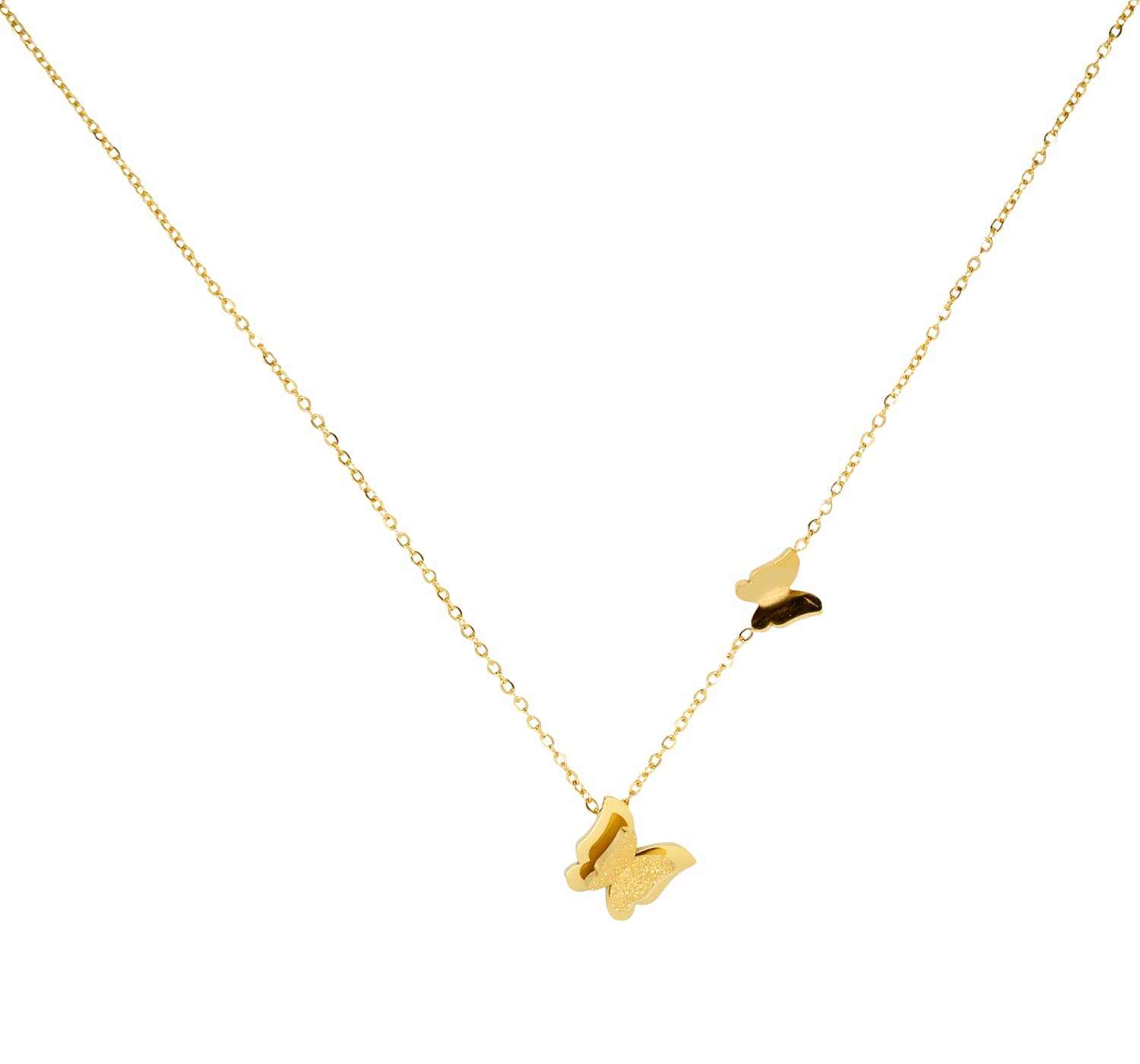 Filigrane, goldene Halskette mit kleinen Schmetterlingsanhängern-Bild mit hängende Halskette