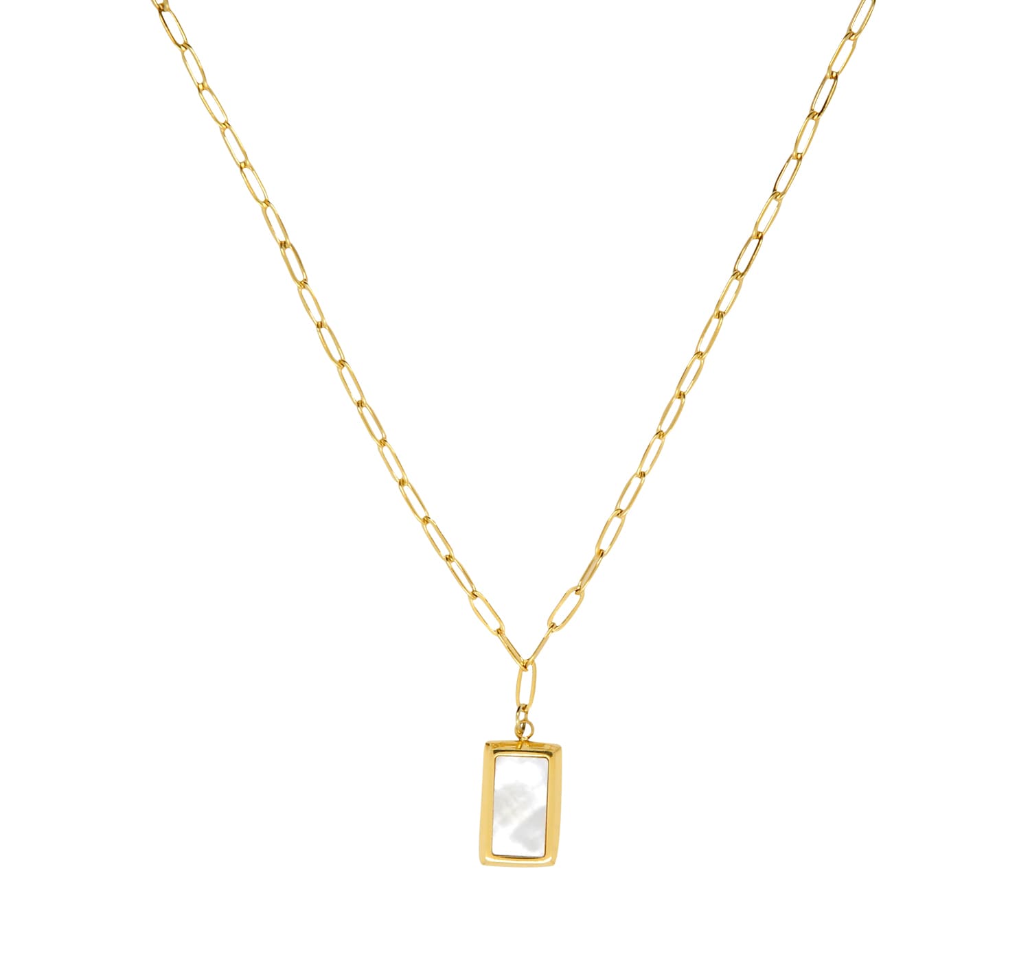 Moderne, goldene Halskette mit rechteckigem Perlmutt-Anhänger- auf dem Bild ist eine hängende Halskette