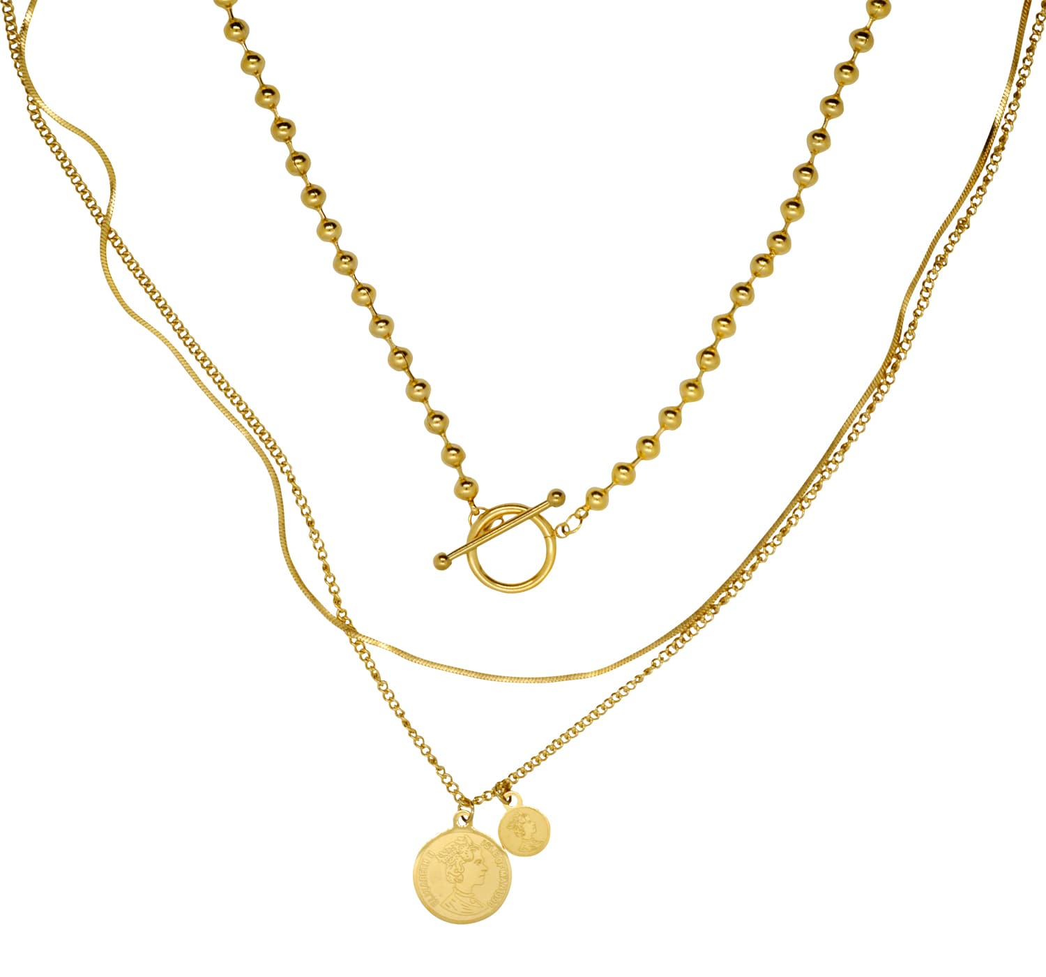goldene Layering-Halskette mit Münzanhängern und Kugelketten