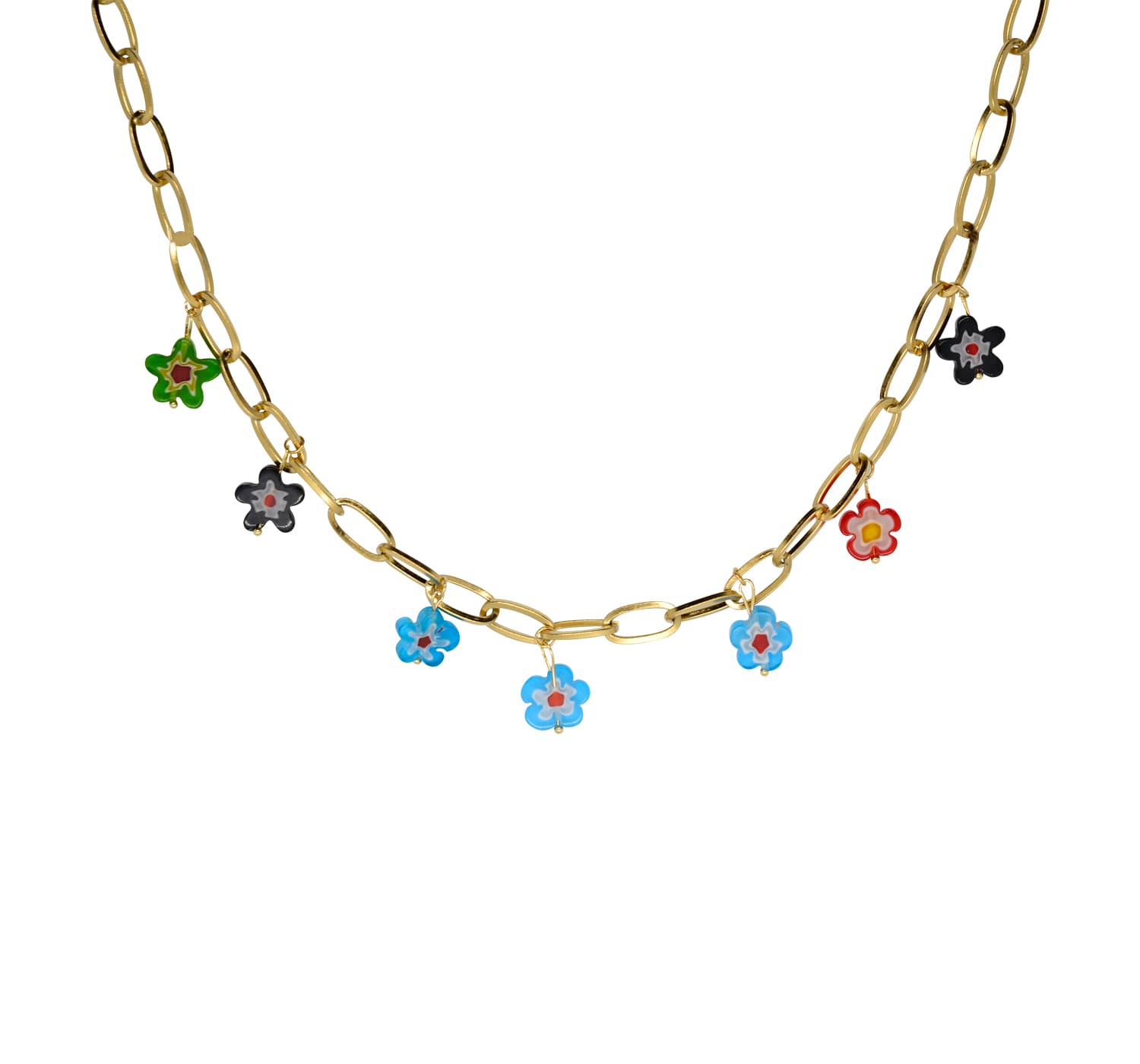 Verspielte, goldene Damen Halskette mit bunten Blumenanhängern-auf dem Bild ist die Halskette hängend zu sehen