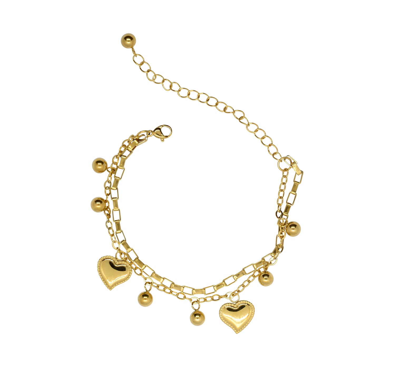 Verspielter, goldener Armschmuck mit Herzen und Kugelanhängern-auf dem Bild ist der komplette Armschmuck gut zu erkennen