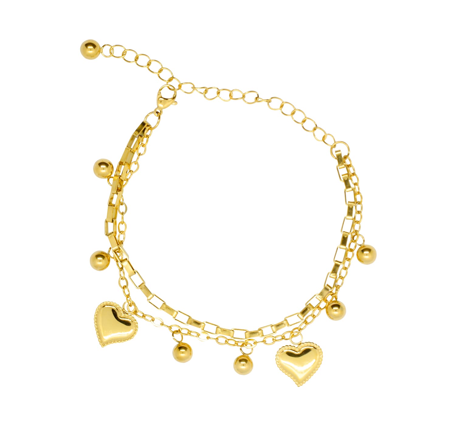 Verspielter, goldener Armschmuck mit Herzen und Kugelanhängern-auf dem Bild sind die Anhänger gut sichtbar