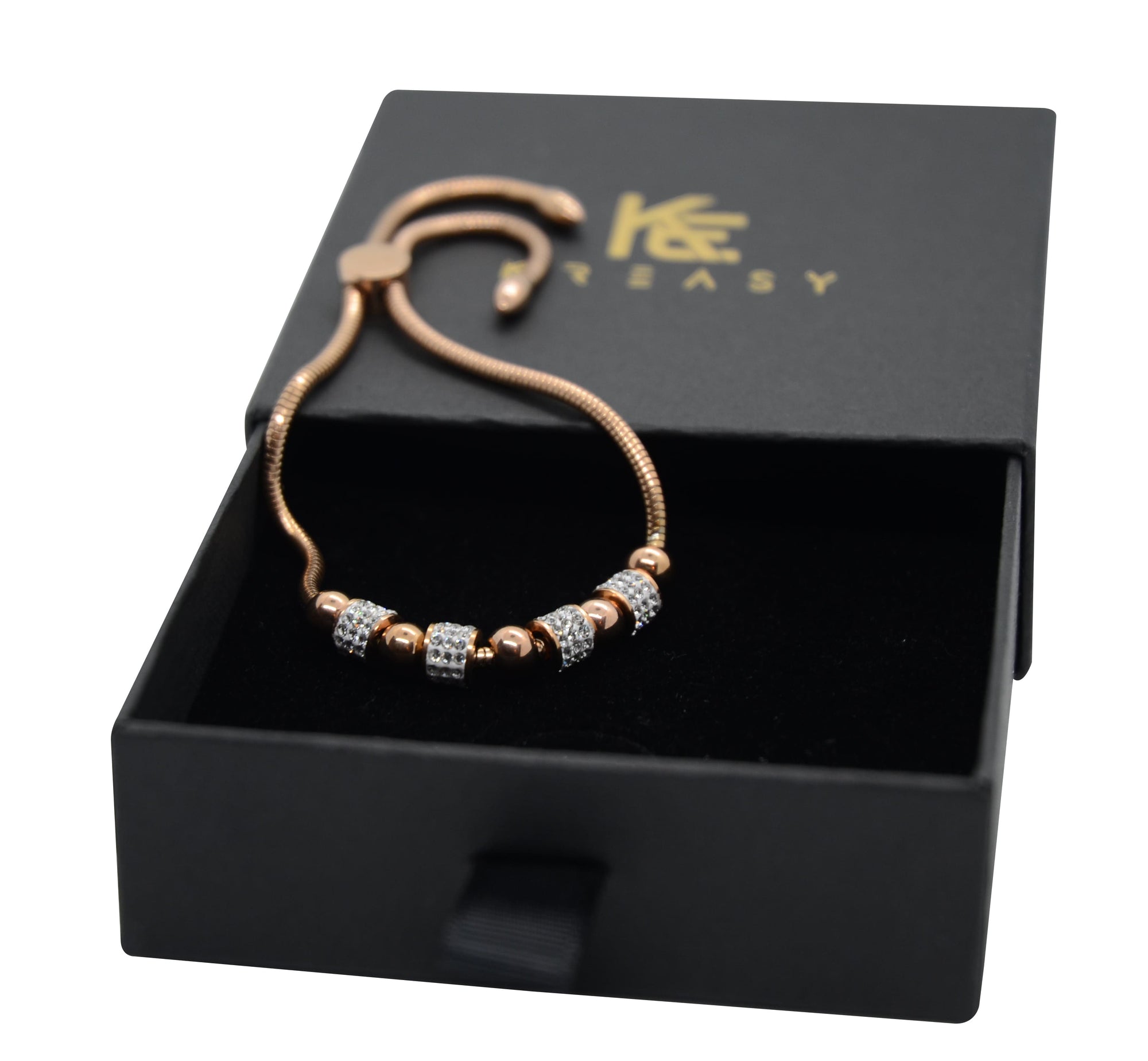 Verstellbarer, rosegoldener Armschmuck mit Zirkonia-Elementen-auf dem Bild ist der rosevergoldete Armschmuck zu sehen