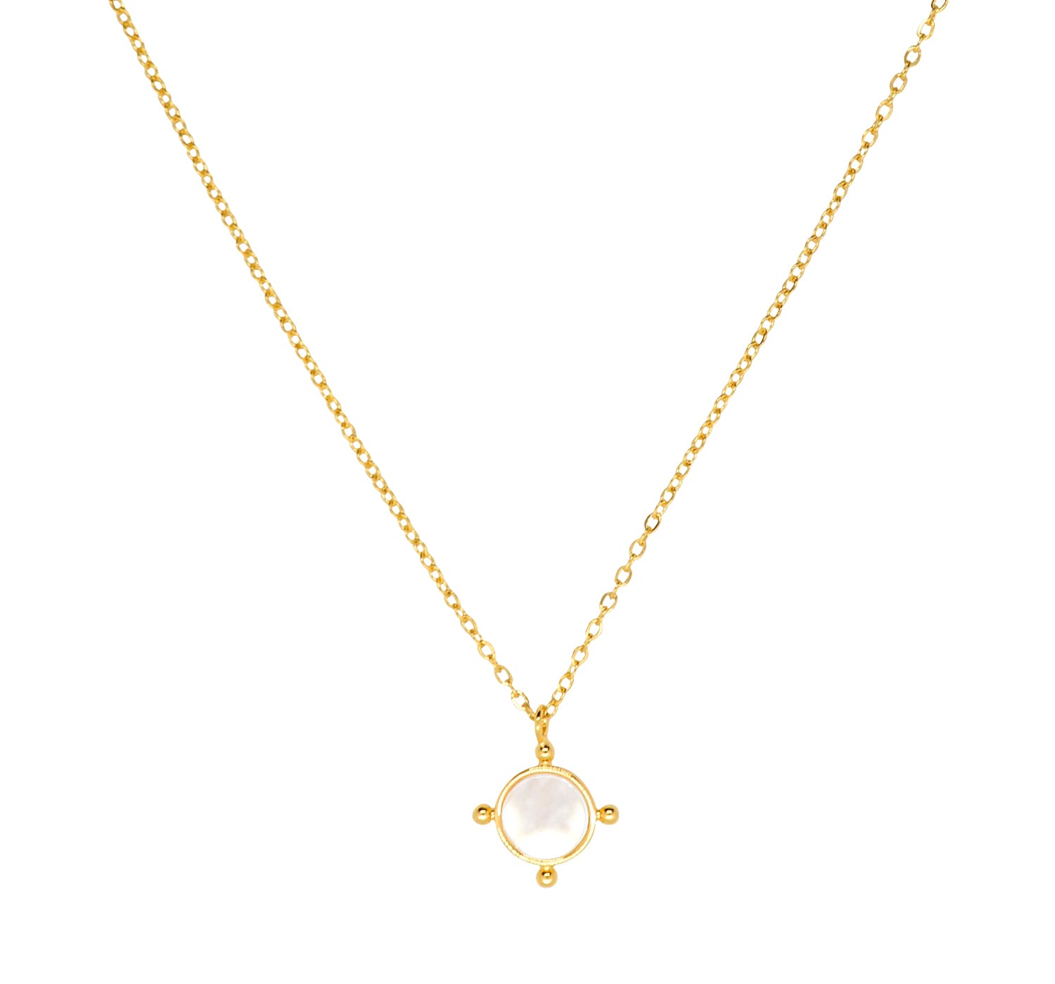 goldene Damen Halskette mit rundem Perlmutt-Anhänger-auf dem Bild ist die Halskette hängend zu sehen