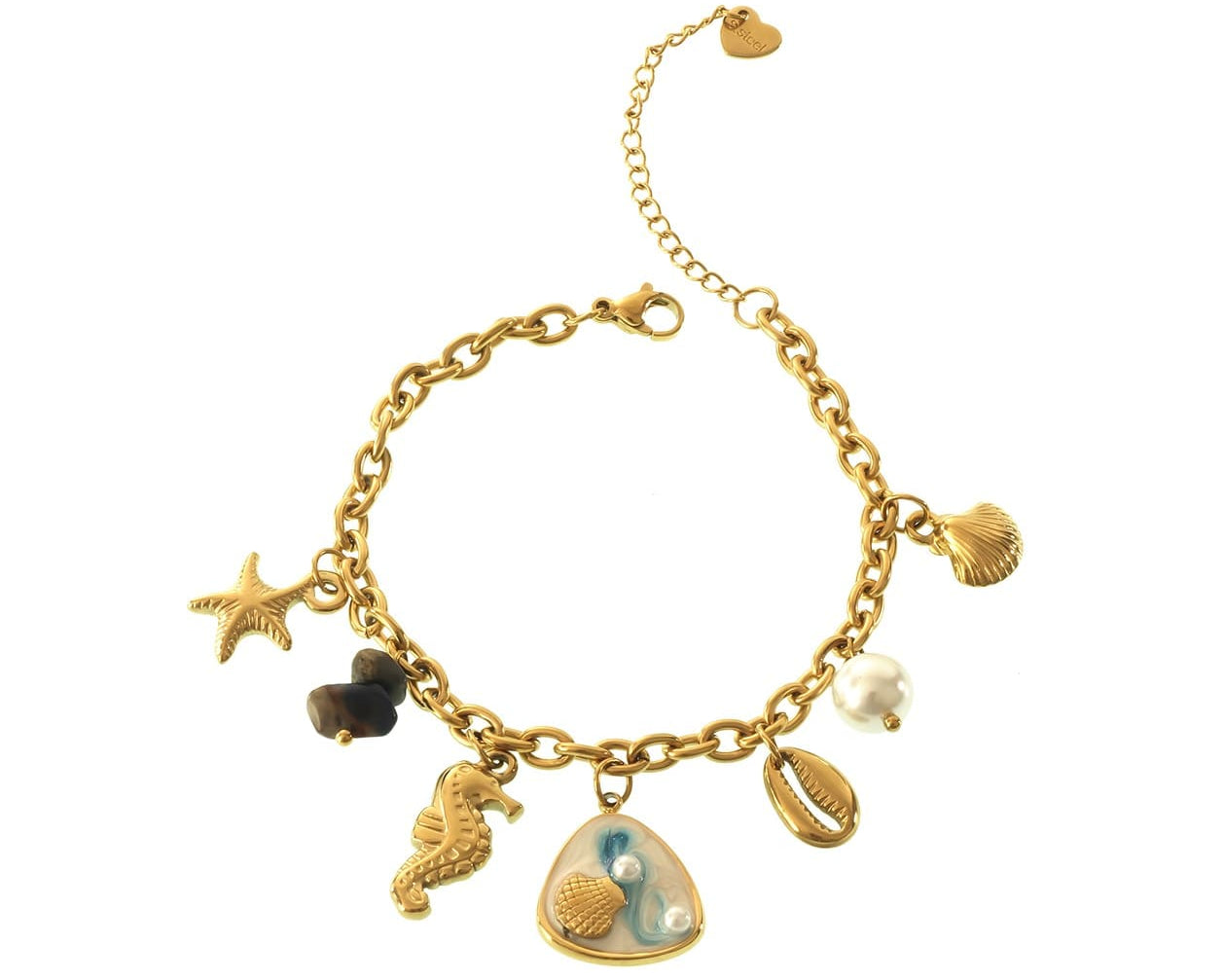 Goldenes Charm-Armband mit Seepferdchen und Muscheln, Modell Atlantis