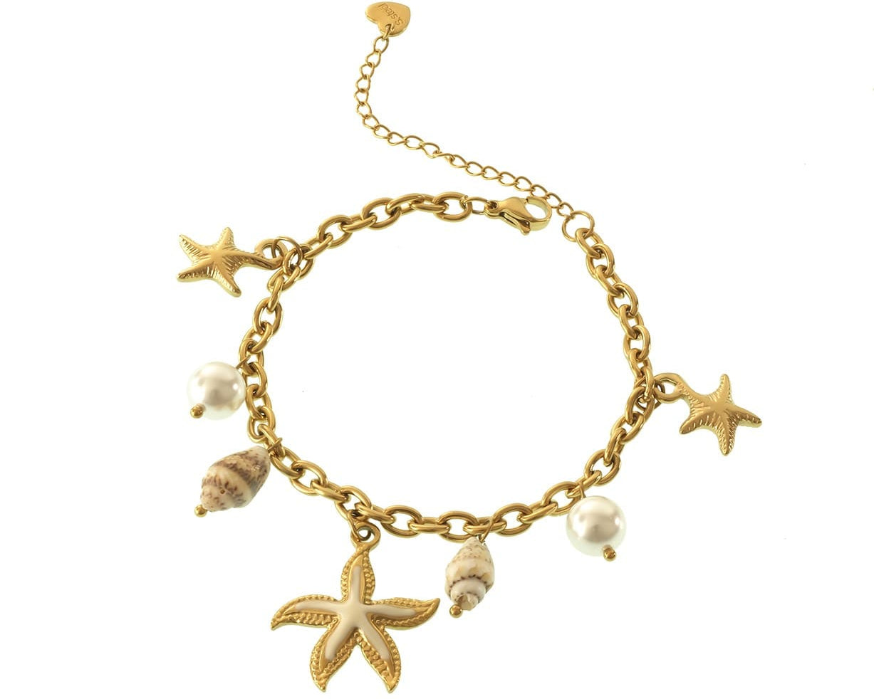 Goldenes Charm-Armband mit weissen Seesternen und Muscheln, Modell Bahamas