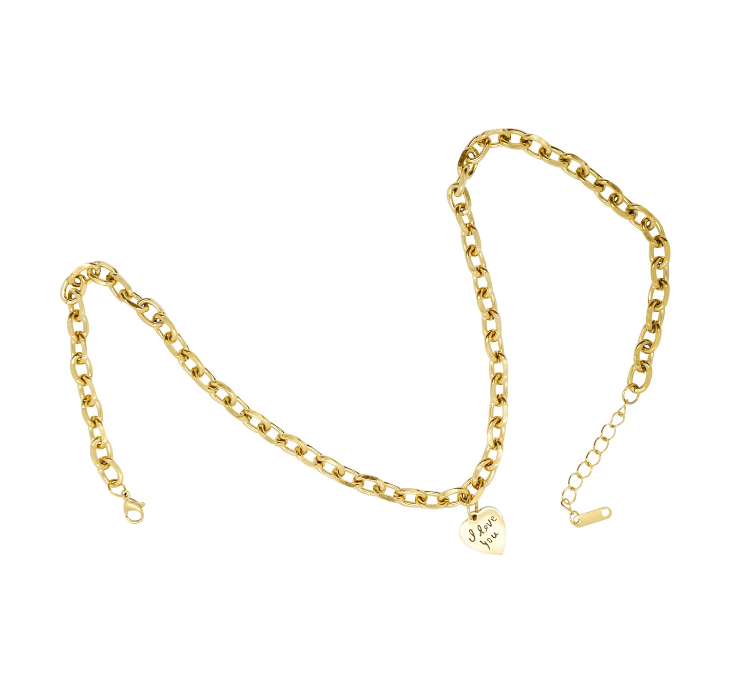 goldene Halskette mit Herzanhänger „I Love You“-auf dem ist die komplette Halskette zu sehen