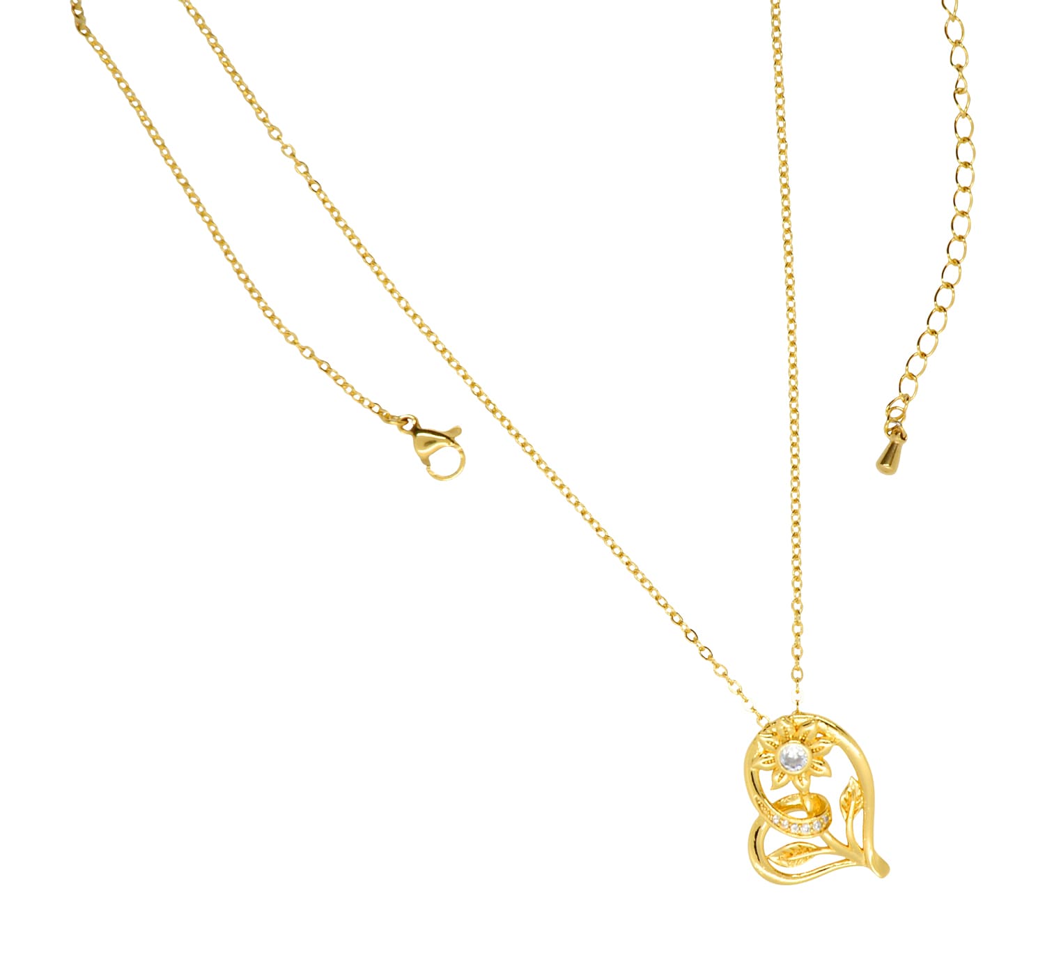 goldene, filigrane Herz-Halskette mit Blumenmotiv und Zirkonia-auf dem Bild ist die komplette Halskette zu sehen