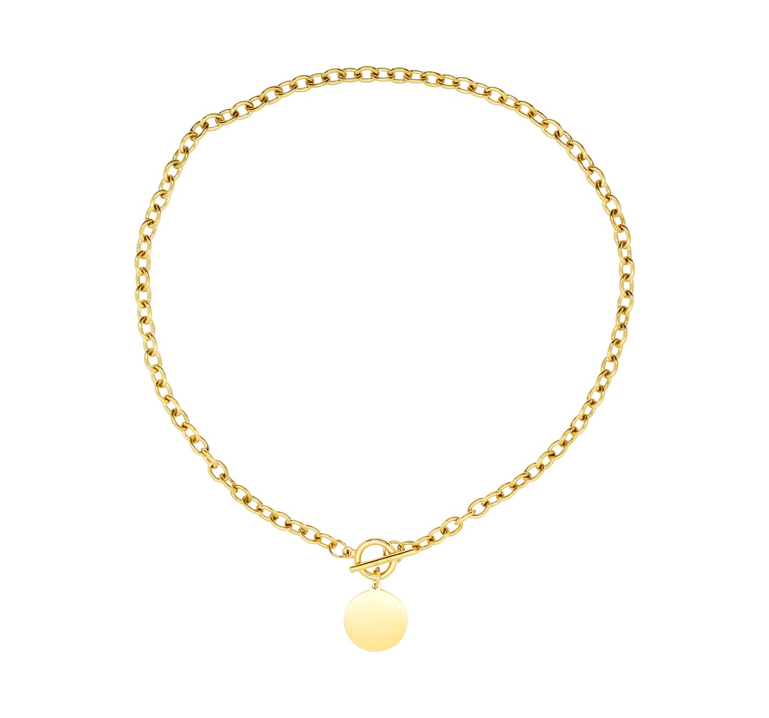 goldene Damen Halskette mit grosser Paillette und Knebelverschluss-auf dem Bild ist die ganze Halskette sichtbar