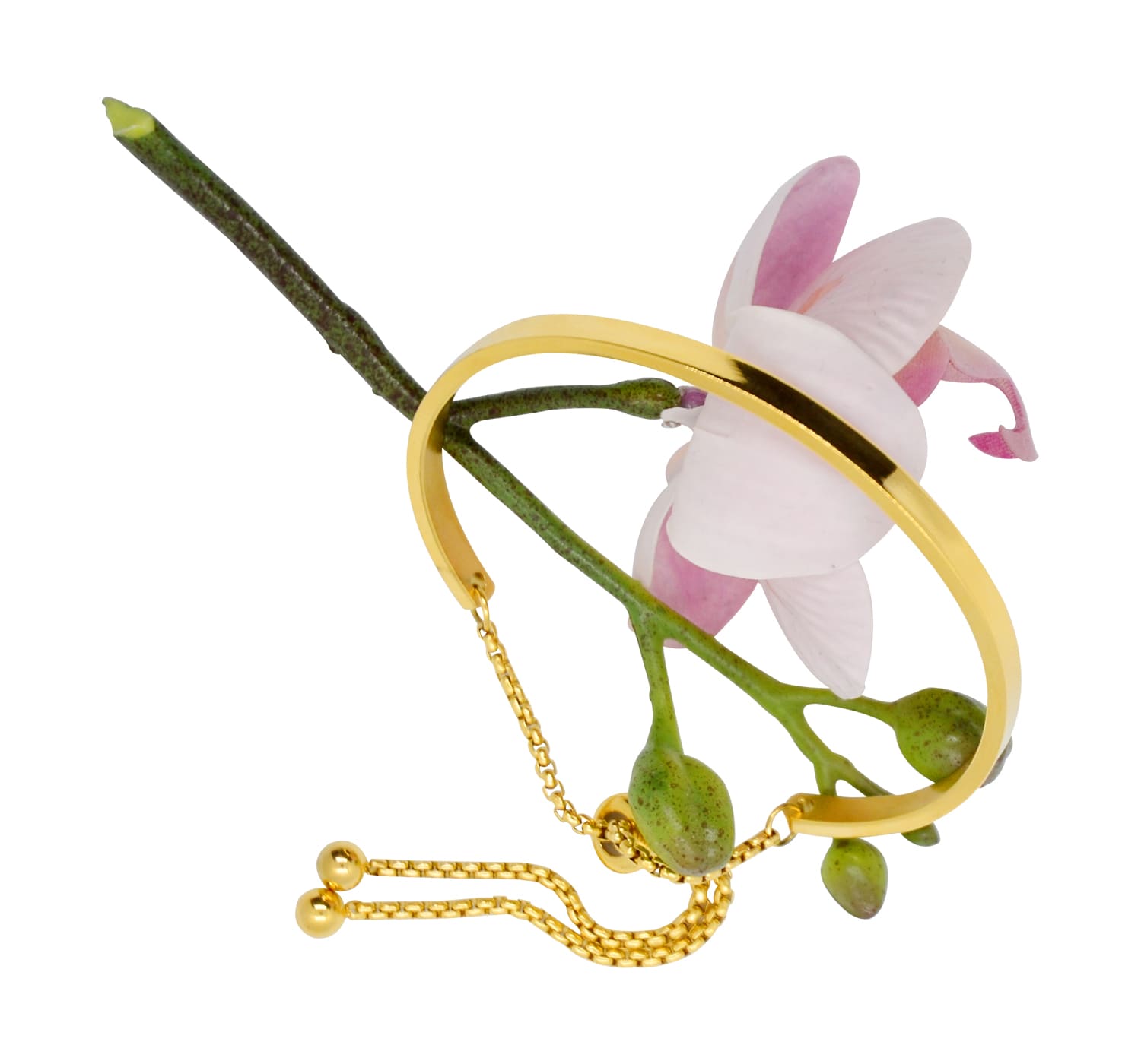 verstellbarer, vergoldeter Damen-Armreifen-auf dem Bild ist der Armreifen mit Blumendekoration im Hintergrund zu sehen