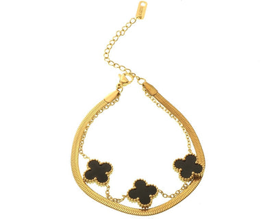 Goldenes Armband mit schwarzen Kleeblättern (Clover), Modell Fortuna