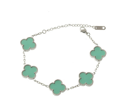 Silbernes Armband mit 5 mintgrünen Kleeblättern, Modell Jade