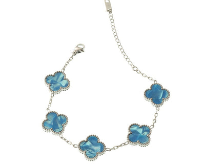 Silbernes Armband mit türkis-blauen Kleeblättern, Modell Aqua