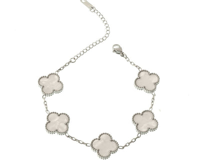 Silbernes Armband mit weissen Kleeblättern in Perlmutt-Optik, Modell Pure