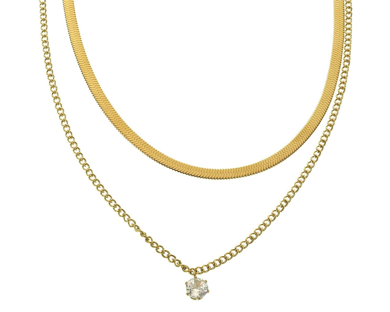 Goldene Layering Halskette Amara: Schlangenkette und Solitär im Set