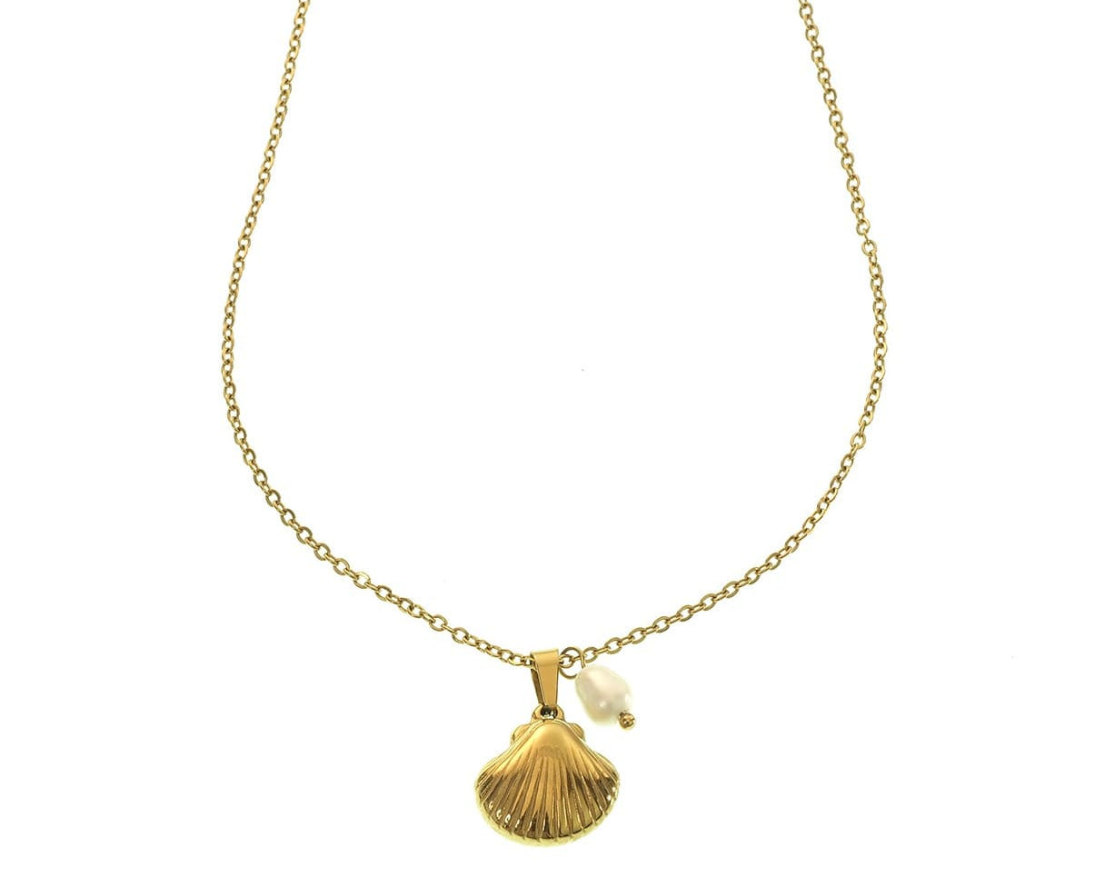 Goldene Halskette mit Muschel-Anhänger und kleiner Perle, Modell Maris