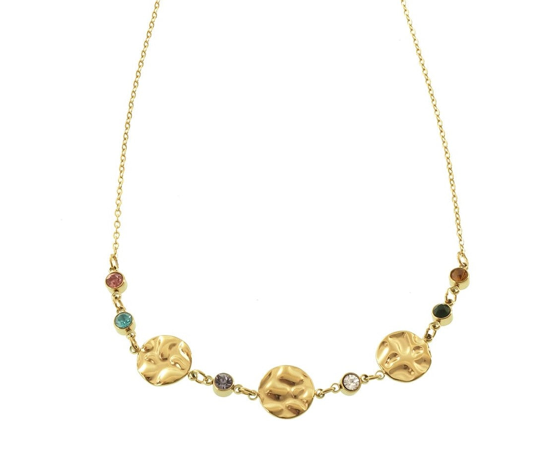 Goldene Plättchen-Halskette mit bunten Zirkonia-Steinen, Modell Boho Coin