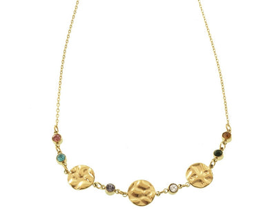 Goldene Plättchen-Halskette mit bunten Zirkonia-Steinen, Modell Boho Coin